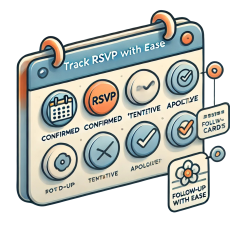 Tracking RSVP for event: confirmed, apologized, tentative. RSVP follow-up cards / activities to stay on track and up to date with event invitation list responses.